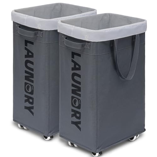 Goodpick 2-Pack Laundry Basket with Wheels & Wash Bag, Hamper for Dorm,75L | Laundry Hamper with Handles for Dirty Clothes, Clothes Hamper, Rolling Laundry Basket, Dorm Room Essentials, Grey - color: Grey 2-Pack