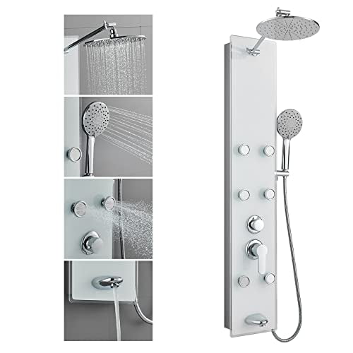 POPFLY Tempered Glass Shower Panel Tower System, 9" Adjustable Shower Arm Height, 304 Stainless Steel White Shower Panels Tower with 6 Massage Jet and Tub Spout - color: Tempered Glass-white With 6 Jets