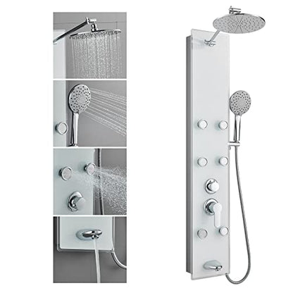 POPFLY Tempered Glass Shower Panel Tower System, 9" Adjustable Shower Arm Height, 304 Stainless Steel White Shower Panels Tower with 6 Massage Jet and Tub Spout - color: Tempered Glass-white With 6 Jets