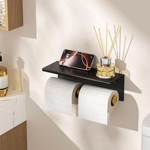 FORIOUS Toilet Paper Holder with Shelf, Commercial Toilet Paper Dispensers | Black and Gold | Wall Mount Bathroom Tissue Holder | SUS304 Stainless Steel Rustproof | Double Tissue Roll Holder - color: Matte Black & Brushed Gold