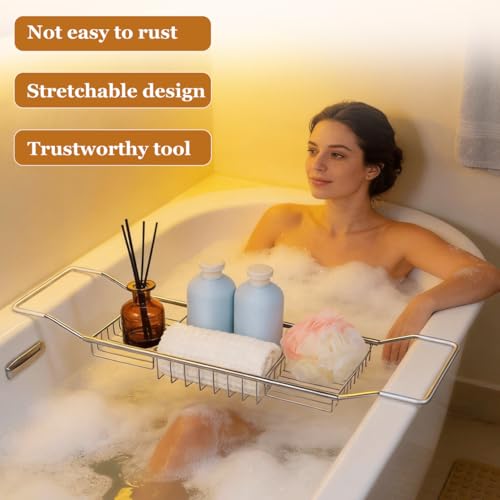 Cabilock Bathtub Tray - Stainless Steel Bathtub Caddy, Expandable Extra Wide Bath Tub Organizer, Rust-Resistant Over The Tub Shelf Rack with Non-Slip Grips for Phone Book Wine Glass, Silver - color: Silver