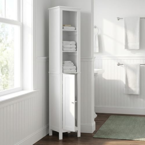 66.9" White Tall Bathroom Storage Cabinet, Slim Freestanding Narrow Linen Tower with 1 Door, Adjustable Shelves, Open Compartments & Anti-Tip Design for Small Spaces, Bathroom, Living Room