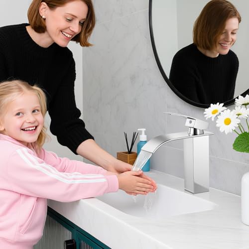 Bathroom Faucets Chrome Waterfall Single Handle Bathroom Sink Faucet | with Pop-up Drain & Deck,Supply Hoses,Chrome Single Handle Vanity Faucet,Stainless Steel,1 or 3 Hole,RV,Fits Home,Bathroom - color: A-Chrome, style: Short