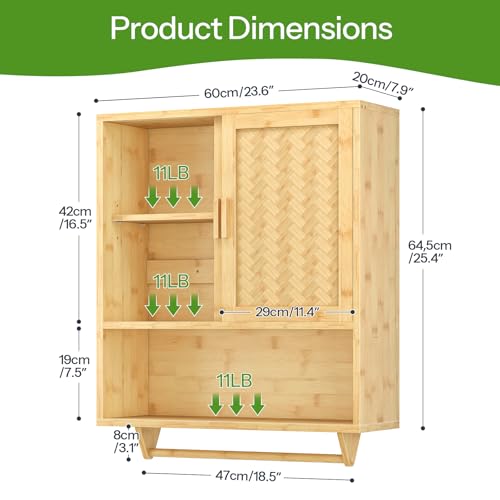 HOOBRO Bathroom Cabinet Wall Mounted, Bamboo Over Toilet Cabinet, Medicine Cabinet with Towels Bar & Adjustable Shelves, 23.6 x 7.9 x 28.5 Inches, for Bathroom, Laundry, Kitchen, Natural YL63CW01