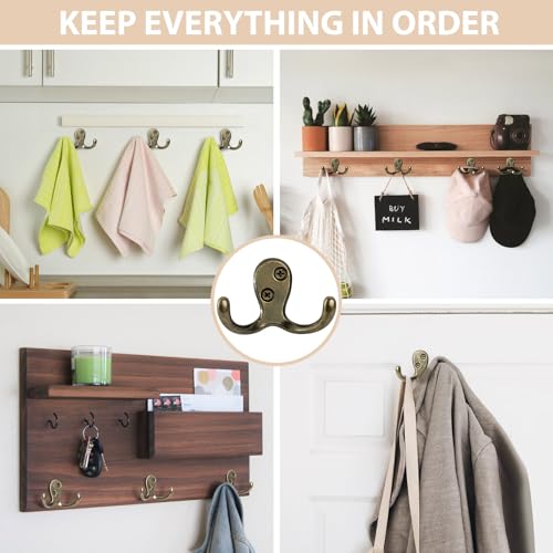 Homanu 10 Pack Coat Hooks, Heavy Duty Double Prong Coat Hooks Wall Mounted with 20 Screws, No Rust Antique Brass Metal Wall Hooks for Hanging Towel, Coat, Bag, Hat, Cup, Key - color: 10 Pcs Antique Brass