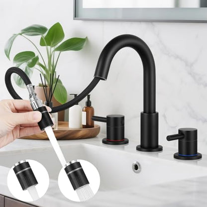 8 Inch Pull Down Bathroom Faucet 3 Hole,Black Bathroom Sink Faucet | Stainless Steel,Pull Down Sprayer,3 hole Widespread,with Pop-up Drain,Water Supply Hoses,Two Water Flow Modes, Black - color: A-Matte Black
