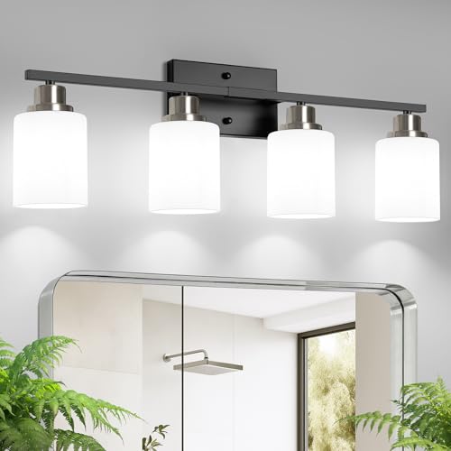 Ascher Bathroom Light Fixtures, 4-Light Vanity Light Over Mirror, Black and Nickel Wall Sconces with Milky White Frosted Glass Shades, Wall Lamp for Living Room Bedroom, E26 Base(Bulbs Not Included) - color: Black and Nickel, size: 4-Light