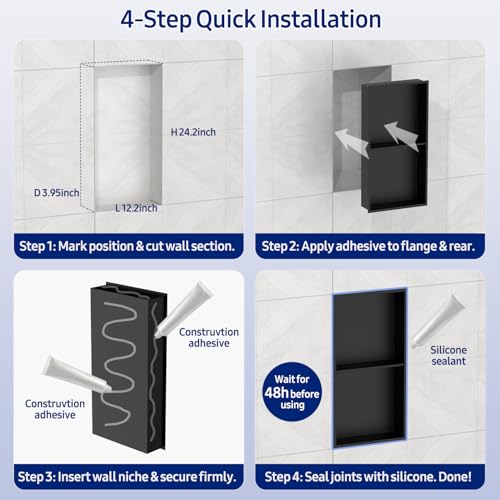 NLShan Shower Niche No Tile Needed: Recessed and Stainless Steel Wall Niche with Double Shelves - Easy Installation for Shower Storage
