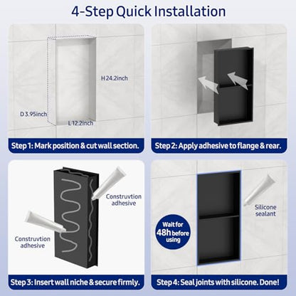 NLShan Shower Niche No Tile Needed: Recessed and Stainless Steel Wall Niche with Double Shelves - Easy Installation for Shower Storage