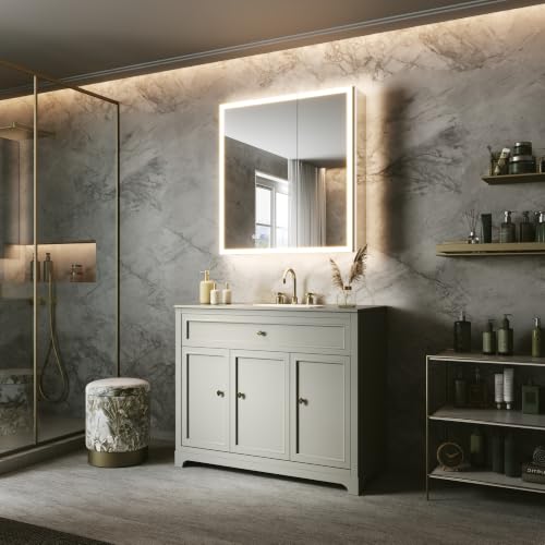 30x32 Lighted Medicine Cabinet, Separate Front & Back Lights | Surface/Recessed LED Medicine Cabinet for Bathroom with Side Mirrors, Dimmable Light, Anti-Fog, Memory,Silver Aluminum Frame - size: 30" x 32"