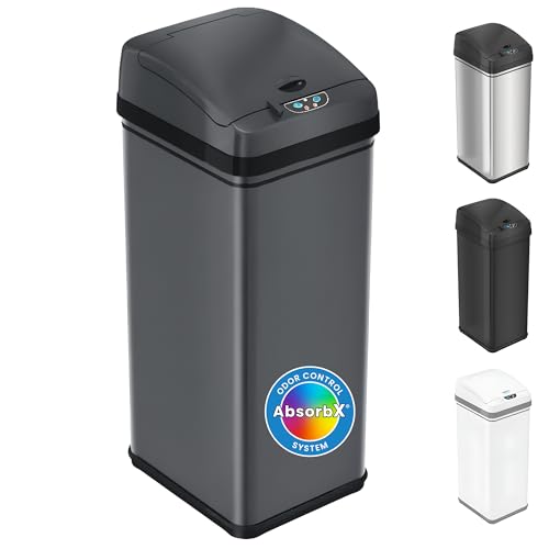 iTouchless 13 Gallon Tall Kitchen Trash Can with Lid, Pet Lock & Odor Filter, Patented 50L Automatic Motion Sensor Garbage Bin, Large Capacity No-Bending Stainless Steel Waste Basket, Gunmetal Gray - color: Dark Gunmetal Gray