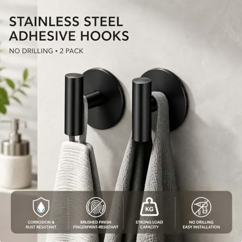2 Pack Waterproof Adhesive Tissue Wall Hooks, Sticky Mount Hooks for Towel, Robe, Clothes-Black - color: Black