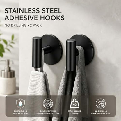 2 Pack Waterproof Adhesive Tissue Wall Hooks, Sticky Mount Hooks for Towel, Robe, Clothes-Black - color: Black