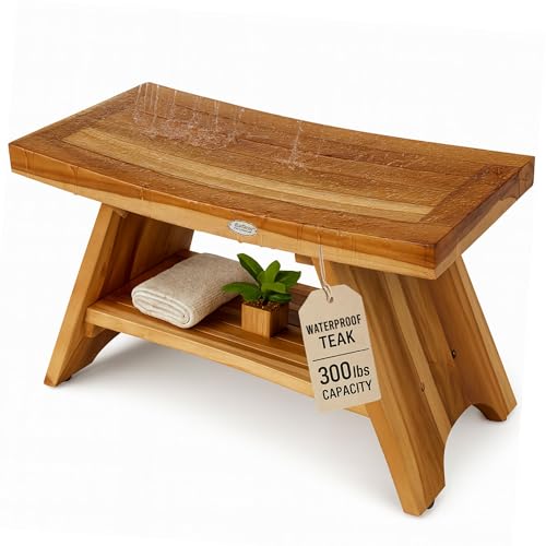 EcoDecors Serenity 30-Inch Teak Shower Bench with Shelf, 300 lb | Spa-style teak bath seat features elegant wood grain and timeless design for a stylish, functional bathroom upgrade - size: 30" shelf