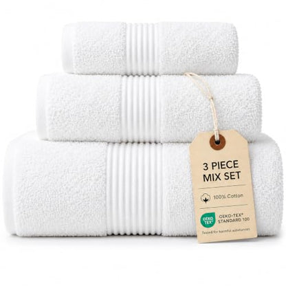 Towel Set for Bathroom, 3 Piece Turkish Cotton Bath Hand and Wash Towels | Mixed size set in Ice White, 600 gram weight. Double stitched hems suit family and guest use. - color: Ice White