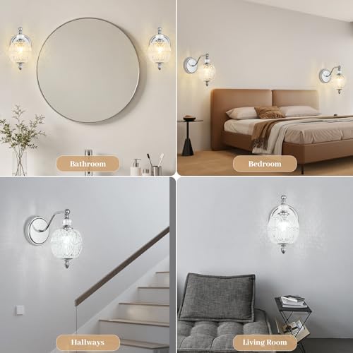 1 Piece Brushed Chrome Wall Sconce, 1-Light Mid Century Modern Brushed Chrome Finish Wall Sconce with Globe Glass Shade, Modern Light for Bathroom, Bedroom, Living Room,Powder Room - color: Chrome, size: 1 Light