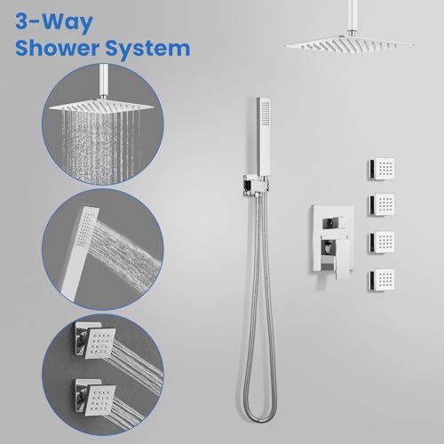 gotonovo Ceiling Shower System with 4pcs Full Body Jets,Polished Chrome | SUS304 12’’ Rain Shower Head with Handheld Spray,Brass Body Message Jets,Ceiling Mount,Rough-in Valve and Trim Kit,All Metal - color: Chrome