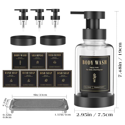 Luxspire 15oz Glass Foaming Soap Dispenser Set, Clear + Dark Gray, 2 Pack | Anti-drip pump, wide mouth easy refill, non-slip silicone base, 7 waterproof labels, refillable glass for hand dish soap - color: Transparent