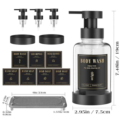 Luxspire 15oz Glass Foaming Soap Dispenser Set, Clear + Dark Gray, 2 Pack | Anti-drip pump, wide mouth easy refill, non-slip silicone base, 7 waterproof labels, refillable glass for hand dish soap - color: Transparent