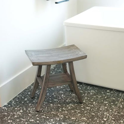CoastalVogue Satori 18" Gray Teak Shower Bench with Curved Seat | Waterproof teak shower stool features adjustable non-slip feet for secure use on wet or uneven shower floors - size: 18x12x18, style: Shelf