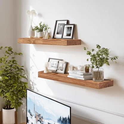 Solid Wood Floating Shelves, 24 Inch Wall Shelves, Set of 2, Oak | 8 Inch Deep, 1.6 Inch Thick, Extra-Wide Display Space, Mounting Hardware Included, For Kitchen, Bathroom and Living Room - color: Oak, size: 24x8x1.6