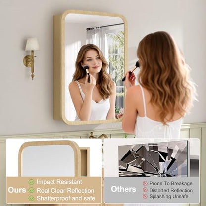 20x28 Inch Wood Medicine Cabinet with Mirror for Bathroom, Oak | Fully Assembled, Surface or Recessed Mount Mirror Cabinet, Rounded Corner, 3 Adjustable Glass Shelves, Soft-Close Door