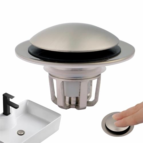 Pop Up Sink Drain Stopper Hair Catcher - Brushed Nickel 1 Pack | Satin nickel strainer replacement, Fits 1-1/8 & 1-1/2 drains, Anti clog hair catcher, Quick pop up seal, Push button gaskets. - color: Brushed Nickel