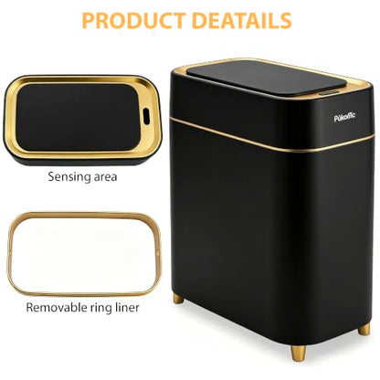Pukomc Motion Sensor Wastebasket,2.3 Gallon Bathroom Trash can with lid | Touchless Smart Plastic Slim Wastebasket,Quiet Close Waste Bin for Bathroom,Office,RV,Bedroom,Living Room - color: Black