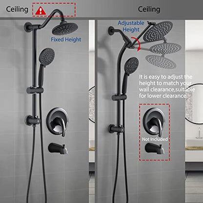 Rainfall 8 Inch Round Shower Head with High Pressure Handheld Spray Combo, Drill-Free Slide Bar with Adjustable Shower Extension Arm, 3-Way Low Diverter for Easy Reach, 5Ft Hose- Matte Black - color: Matte Black