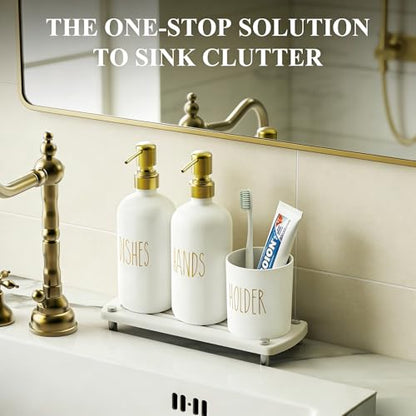 Cisily Kitchen Soap Dispenser Set Comes with Ceramics Sponge Holder, Gold Pumps, and Instant Dry Tray, Hand and Dish Soap Dispenser Set (4, Gold + White + Brush Holder) - color: Gold + White + Brush Holder