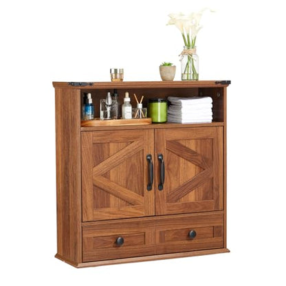 Bathroom Cabinet with Double Barn Doors – Wall Mounted Medicine Cabinet over Toilet with Adjustable Shelf & Drawer, 25" Wide Hangging Storage Cabinet for Bathroom, Kitchen, Laundry, Entryway Brown - color: Brown