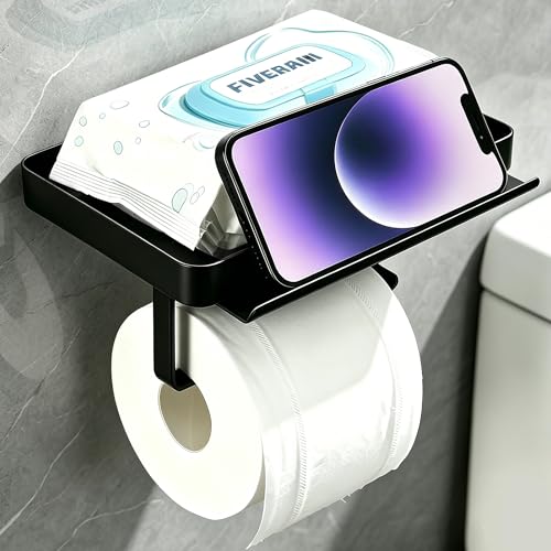 YIGII Toilet Paper Holder with Large Capacity Wide Phone Shelf, Matte Black | Large Wet Wipes Storage, Rustproof Stainless Steel Wall Mount Design for Bathroom, Washroom, Easy Access Organization - color: Deep Black