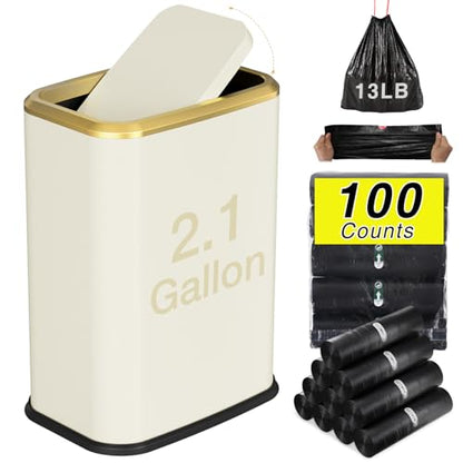 Bathroom Trash Can with Lid 8L/2.1 Gallon Beige Trash Can Small Garbage Can with Swing Top Lid Slim Stainless Steel Garbage Can with 100 Counts Trash Bags for Bathroom Bedroom Kitchen Office Toilet - color: Beige, size: Swing-Lid Trash Can