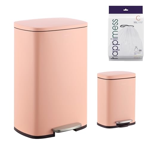 happimess Connor 2-Piece Iron Trash Can, Flamingo Pink | 13.2 And 1.3 Gallons, Rectangular, Soft-Close Lid, Step Pedal, 20 Liners, 26" And 12" Height - color: Flamingo Pink