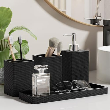 Black Bathroom Sets, Black Bathroom Accessories Set with Shower Curtain and No-Slip Bath Rugs, Natural Loofah Sponge, Soap Dispenser, Toothbrush Holder, Bathroom Tumbler and Tray for Bathroom - size: Bath Set+Shower Curtain+Bath Rugs+2PCS Loofah, style: B