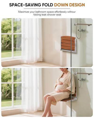 Folding Shower Seat Chair for Inside Shower Wall Mounted for Small Spaces | Teak wood & stainless steel, folds flat to 2", 400lb capacity, safety pinch-proof design for bathroom/sauna/dressing.
