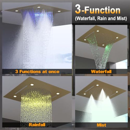 Enga Luxury Dual Shower Head System with Body Jets LED Thermostatic Shower System with 6 inch Wall Shower, 20-Inch 3 Function Shower Head (Rainfall & Mist & Waterfall), Brushed Gold - color: Brushed Gold, style: 20" Head (Rain + Mist+Waterfall) - 6" Head+