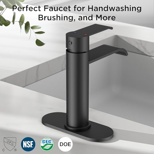FORIOUS Waterfall Black Bathroom Faucet 1 Hole, one Matte Black Faucet Rv | Single Hole Bathroom Sink Faucet Matte Black, Single Handle Rv Faucet Bathroom for Sink with Deck Plate and Pop-up Drain - color: Matte Black