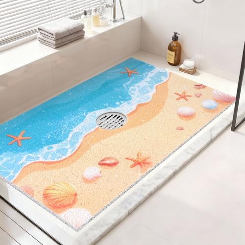 Non Slip Shower Mat: 47.2x31.5 Inch Extra Large Shower Mats for Inside Shower with Drain Hole in Middle - Soft PVC Loofah Anti Slip Shower Floor Mat for Standing and Walk-in Shower, Quick Drying - color: Beach, size: 47.2" x 31.5" (Rectangular)