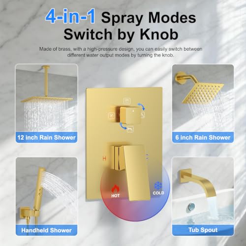 Brushed Gold Rainfall Shower System – Complete Spa Faucet Set with Handheld Sprayer & Mixer Valve –Tub Spout Bathroom Fixture Trim Kit - color: Brushed Gold, size: 6''+12''+Bathtub Faucet