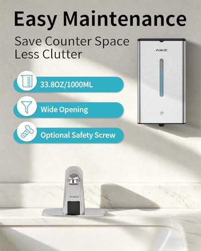 AIKE Automatic Foaming Soap Dispenser 33.8oz for Bathroom,Brushed AK1207FA | Rich Foam and Steel Finish,5-Level Adjustable and Key for Commercial(Battery Not Included),Screw Wall Mount for Space-Saving - color: Brushed Stainless Steel