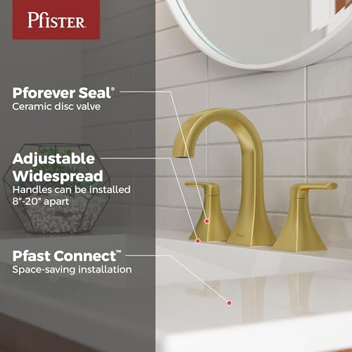 Pfister Bruxie 8 in Widespread 3 Hole Bathroom Sink Faucet with Push & Seal Drain, 2 Handle Brushed Gold Finish, NSF Certified Water Efficient WaterSense LF049BIEBG
