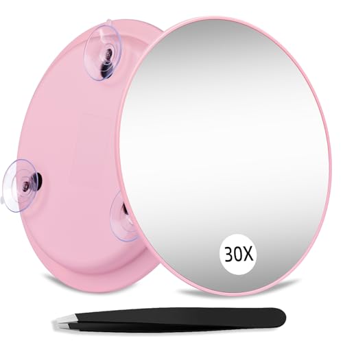 30X Magnifying Mirror with 3 Suction Cups, Large 6inch Magnified 30X Travel Round Makeup Mirror with High Magnification, Make up Mirror with Tweezers Sets - color: 30x -Pink