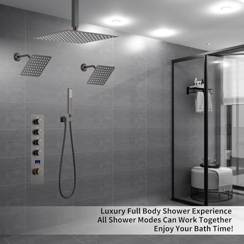 Oil Rubbed Bronze Shower System with 3 Rain Shower Head(12+8+8 inch), Handheld Spray, 4 Way Smart Temperature Display Shower Faucet set - color: Oil Rubbed Bronze, size: 12+8+8 inch