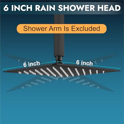 Midanya Square Rain Shower Head,High Pressure,Matte Black 6 Inch | 360°Swivel,Ceiling or Wall Mount,Waterfall Full Body Coverage,Bathroom Remodel,Stainless Steel Large Rainfall Shower Head - color: Black, size: 6 Inch