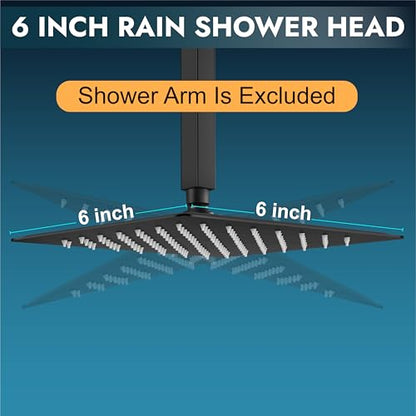 Midanya Square Rain Shower Head,High Pressure,Matte Black 6 Inch | 360°Swivel,Ceiling or Wall Mount,Waterfall Full Body Coverage,Bathroom Remodel,Stainless Steel Large Rainfall Shower Head - color: Black, size: 6 Inch