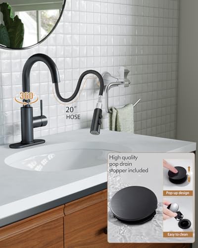 Bathroom Faucets with Pull Down Sprayer, Bar Sink Faucet Single Hole for Kitchen Campers with Pop-Up Drain Hose, Suitable for Farmhouse Vanity Lavatory - color: Matte Black, style: Pull Down