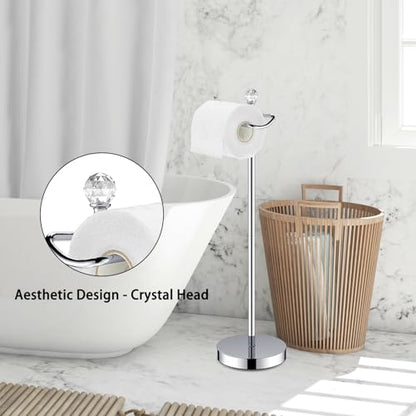 ROLABAM Toilet Paper Holder Stand (with Reserve Function) Free Standing Toilet Paper Holder for Bathroom Total Height 24.4" with Crystal Finial, Chrome Finish - color: Polished Chrome