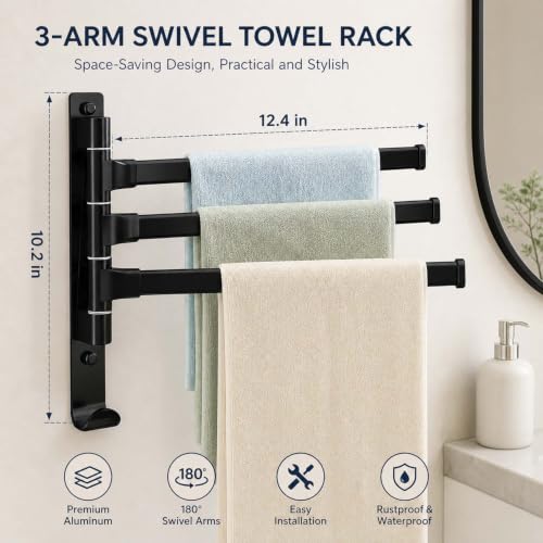 2-5 Arms Swivel Towel Rack Bath Towel Holder with Hook Swing Arm Towel Rack Wall Mount for Bathroom Kitchen-Black 3Arm - color: Black, size: 3-arm