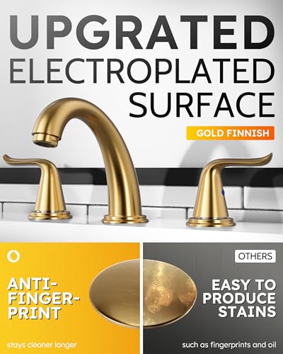 WOWOW Widespread Bathroom Faucet Brushed Gold Bathroom Sink Faucet 3 Hole Vanity Faucet 2 Handle Basin Faucets 8 Inch Mixer Tap with Pop Up Drain and Supply Hose - color: Brushed Gold
